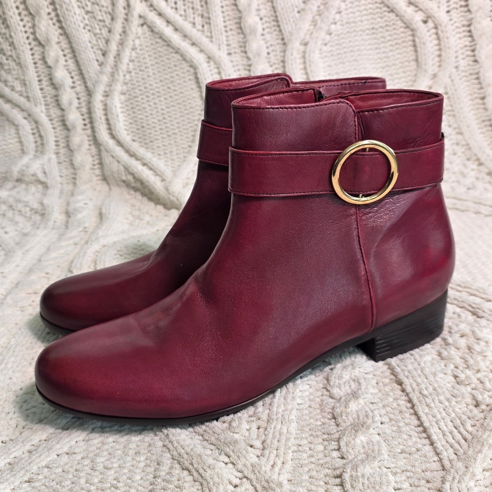 Trotters Ankle Boots Burgundy Buttery Leather Gold Buckle Women 9.5 Narrow NEW
